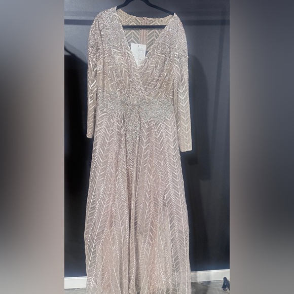 Mac Duggal Beige/Taupe Embellished Illusion Long Sleeve Wrap Over A Line Gown - Picture 7 of 12